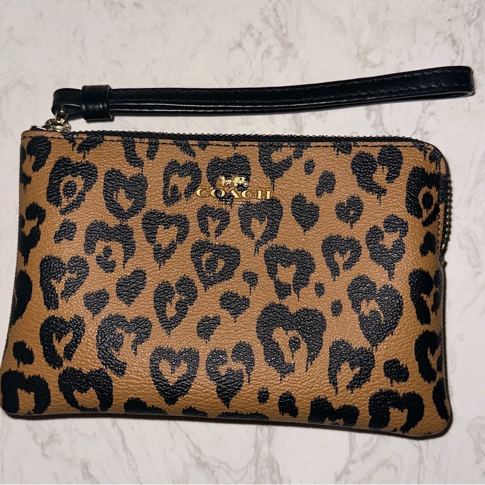 Coach Tan and Black Animal Print Wristlet